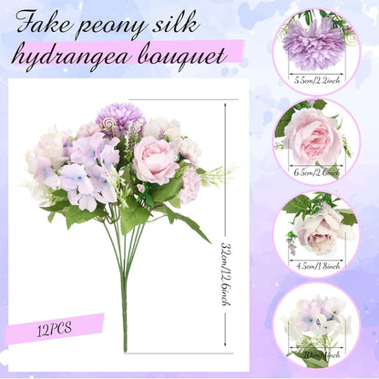 Artificial Flowers Artificial Peonies Silk Flowers Faux Peony Fake Peony Silk Hydrangea Bouquet for Wedding Table Centerpiece Floral Vase Decor(White,Blue,12 Bundles)