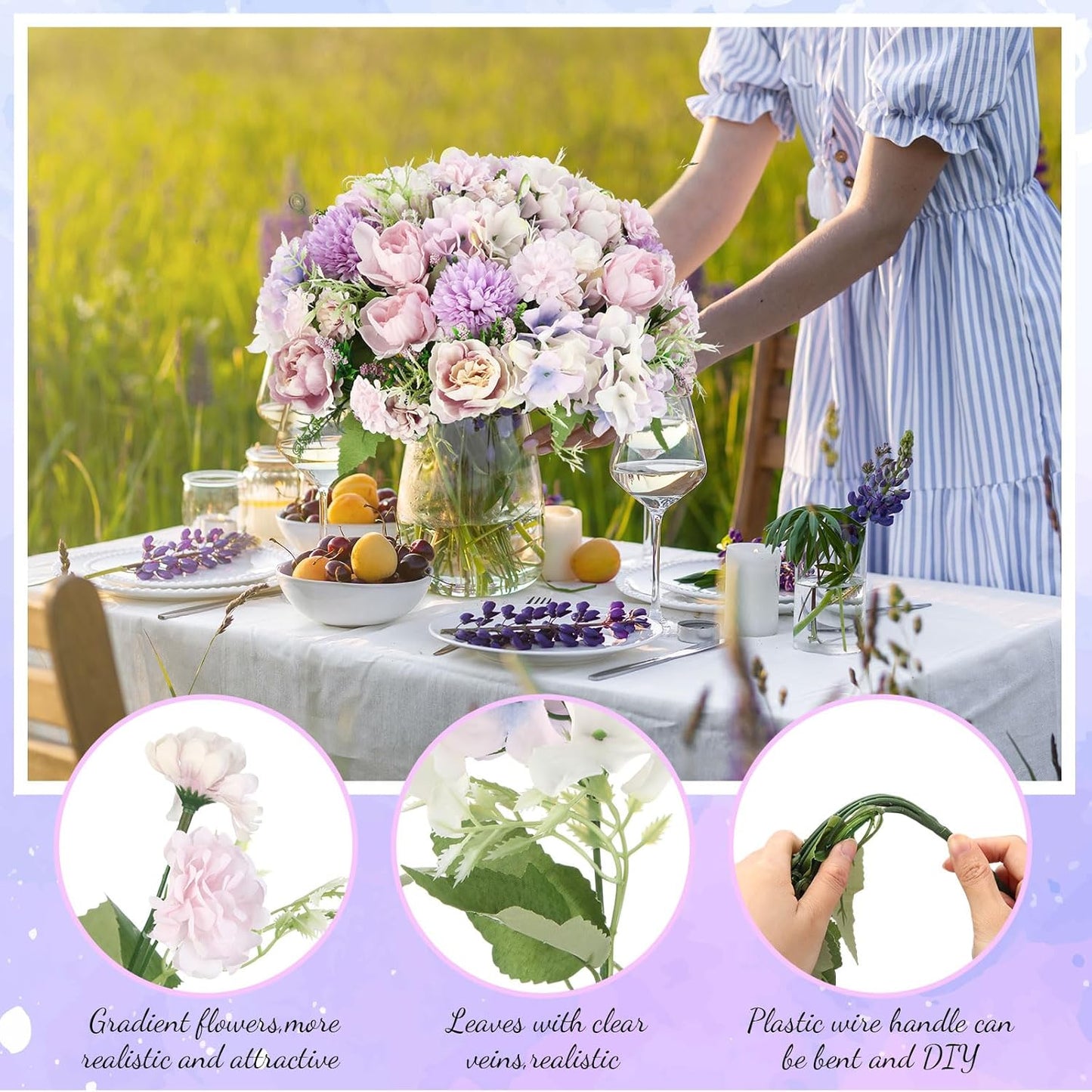 Artificial Flowers Artificial Peonies Silk Flowers Faux Peony Fake Peony Silk Hydrangea Bouquet for Wedding Table Centerpiece Floral Vase Decor(White,Blue,12 Bundles)