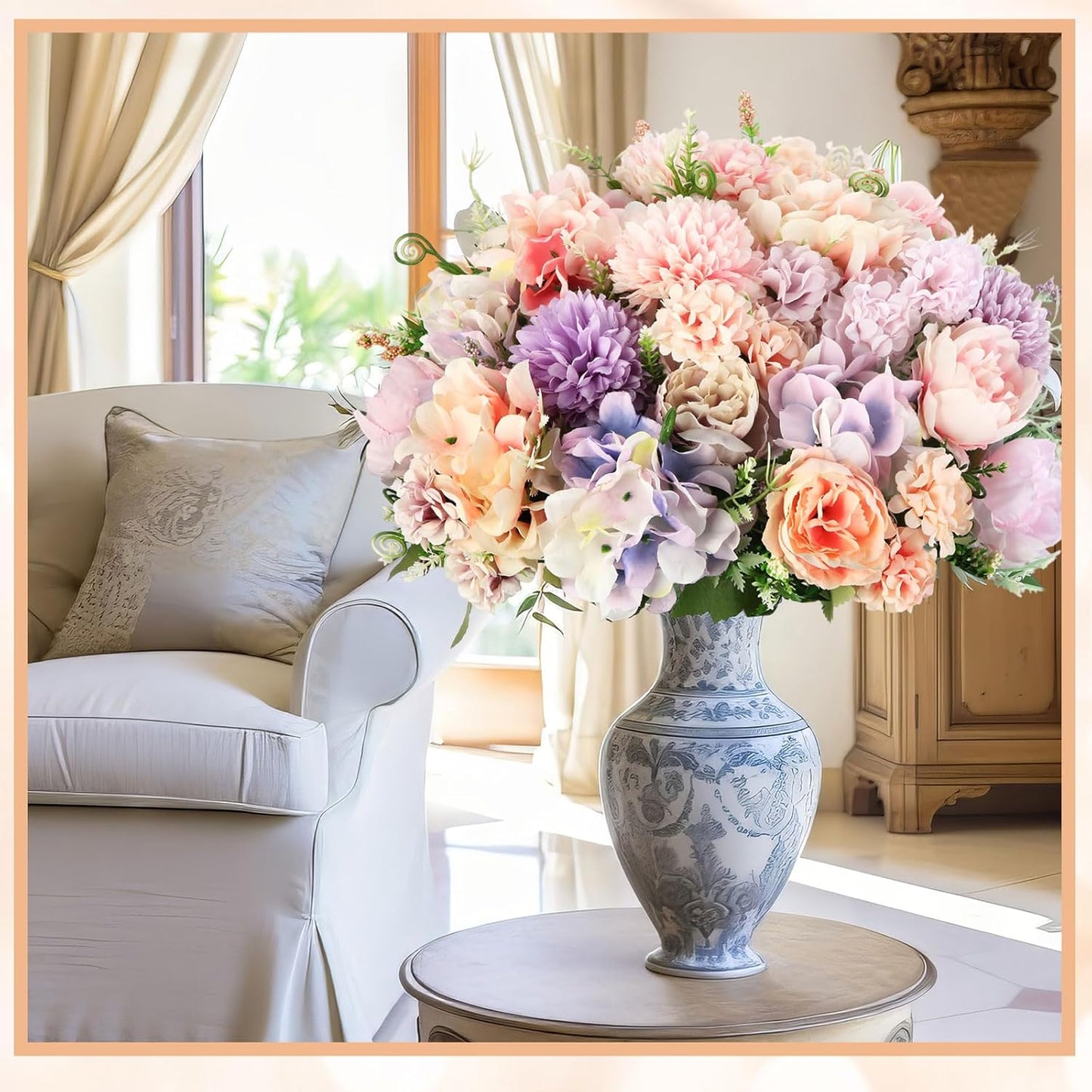 Artificial Flowers Artificial Peonies Silk Flowers Faux Peony Fake Peony Silk Hydrangea Bouquet for Wedding Table Centerpiece Floral Vase Decor(White,Blue,12 Bundles)