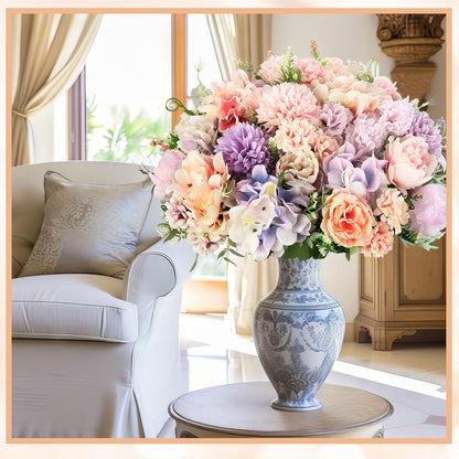 Artificial Flowers Artificial Peonies Silk Flowers Faux Peony Fake Peony Silk Hydrangea Bouquet for Wedding Table Centerpiece Floral Vase Decor(White,Blue,12 Bundles)