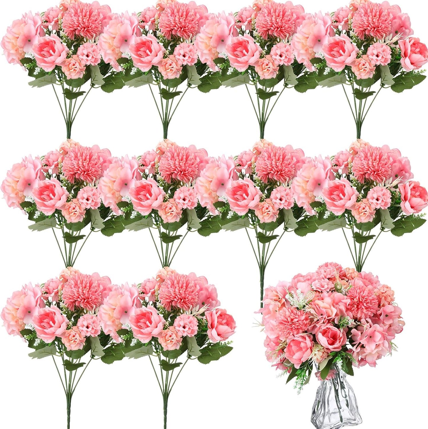 Artificial Flowers Artificial Peonies Silk Flowers Faux Peony Fake Peony Silk Hydrangea Bouquet for Wedding Table Centerpiece Floral Vase Decor(White,Blue,12 Bundles)