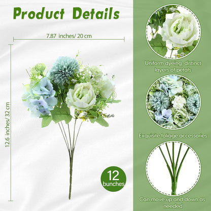 Artificial Flowers Artificial Peonies Silk Flowers Faux Peony Fake Peony Silk Hydrangea Bouquet for Wedding Table Centerpiece Floral Vase Decor(White,Blue,12 Bundles)