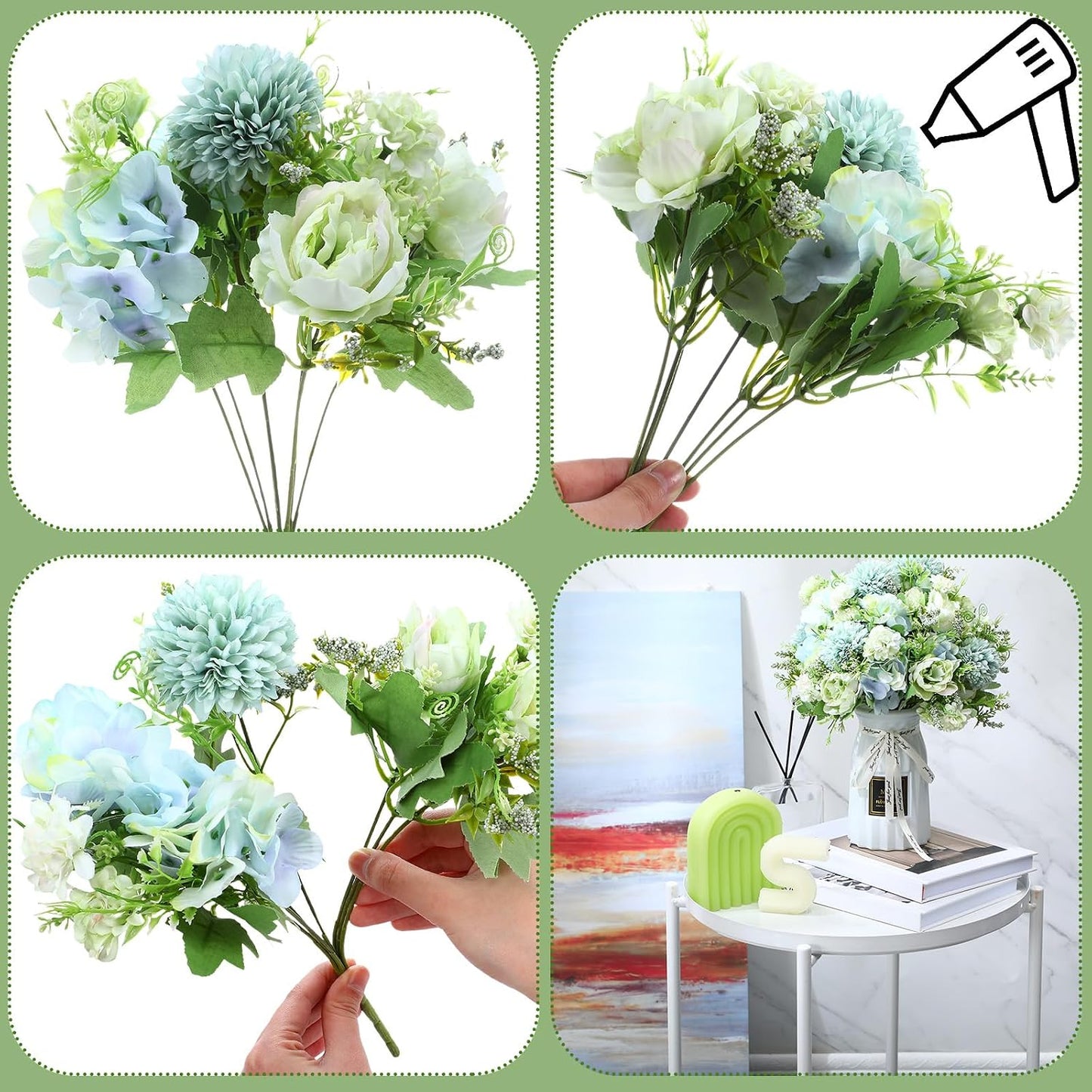 Artificial Flowers Artificial Peonies Silk Flowers Faux Peony Fake Peony Silk Hydrangea Bouquet for Wedding Table Centerpiece Floral Vase Decor(White,Blue,12 Bundles)