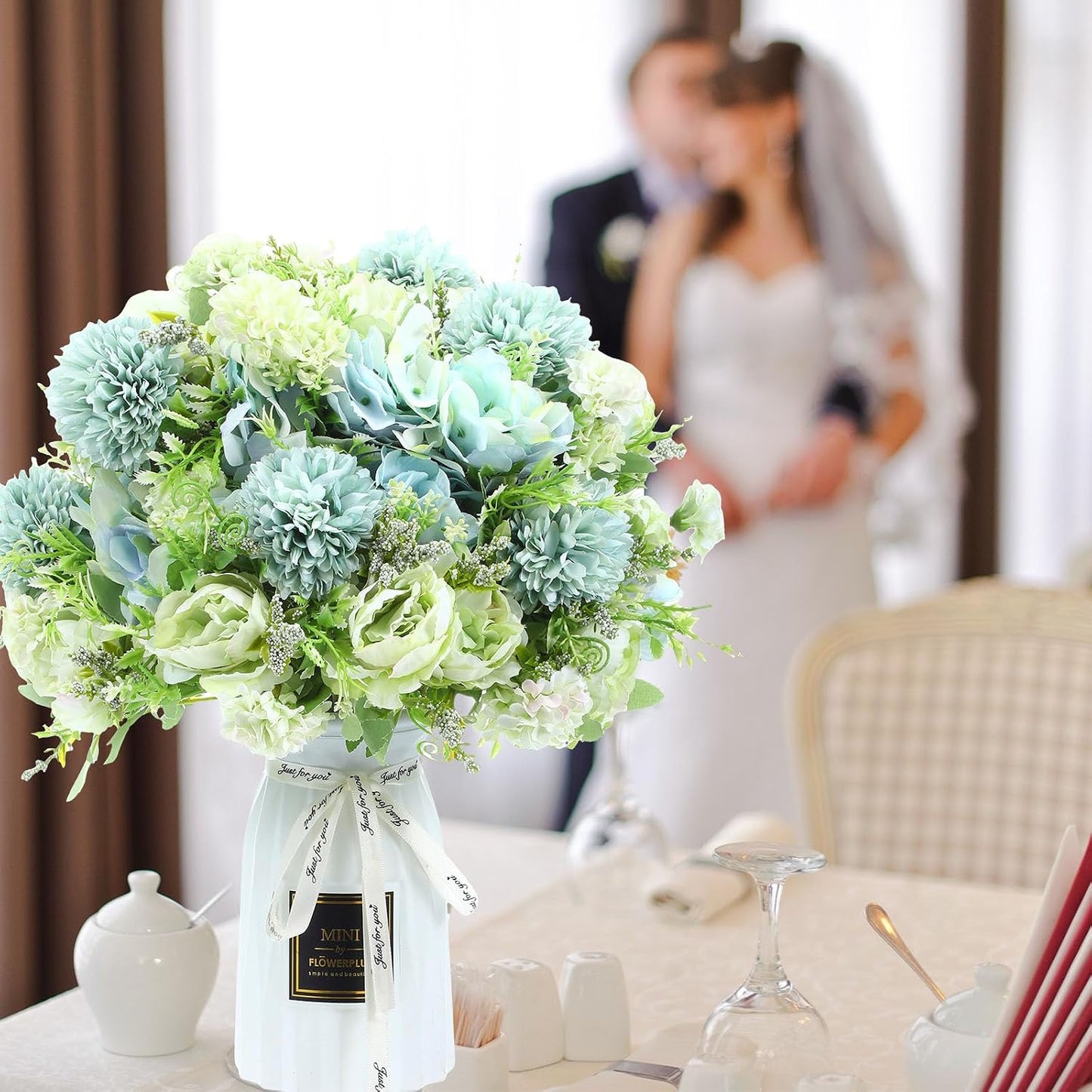 Artificial Flowers Artificial Peonies Silk Flowers Faux Peony Fake Peony Silk Hydrangea Bouquet for Wedding Table Centerpiece Floral Vase Decor(White,Blue,12 Bundles)