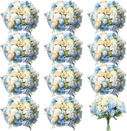 Artificial Flowers Artificial Peonies Silk Flowers Faux Peony Fake Peony Silk Hydrangea Bouquet for Wedding Table Centerpiece Floral Vase Decor(White,Blue,12 Bundles)