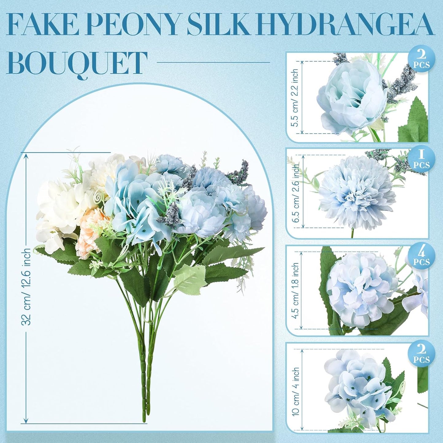 Artificial Flowers Artificial Peonies Silk Flowers Faux Peony Fake Peony Silk Hydrangea Bouquet for Wedding Table Centerpiece Floral Vase Decor(White,Blue,12 Bundles)
