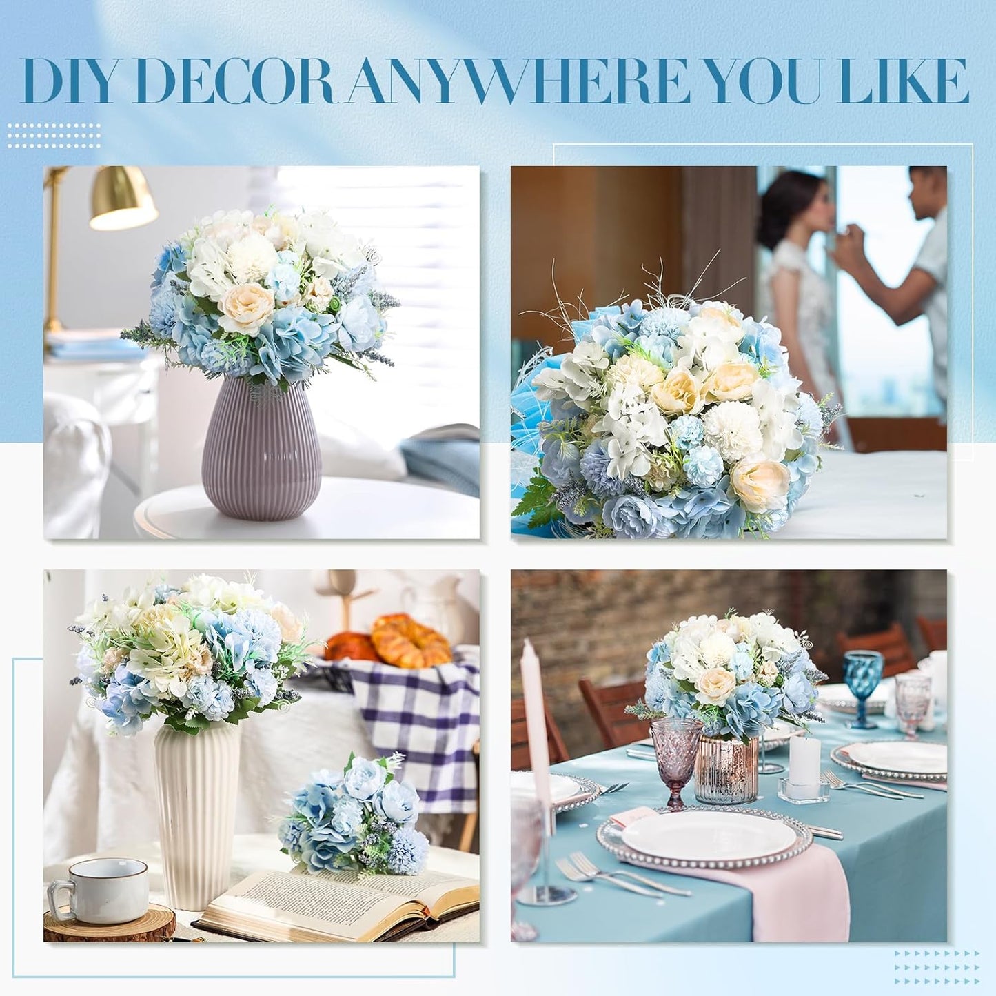 Artificial Flowers Artificial Peonies Silk Flowers Faux Peony Fake Peony Silk Hydrangea Bouquet for Wedding Table Centerpiece Floral Vase Decor(White,Blue,12 Bundles)