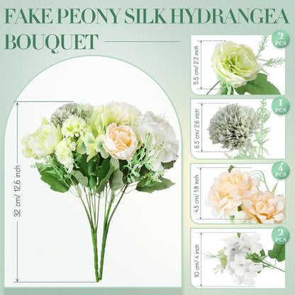Artificial Flowers Artificial Peonies Silk Flowers Faux Peony Fake Peony Silk Hydrangea Bouquet for Wedding Table Centerpiece Floral Vase Decor(White,Blue,12 Bundles)