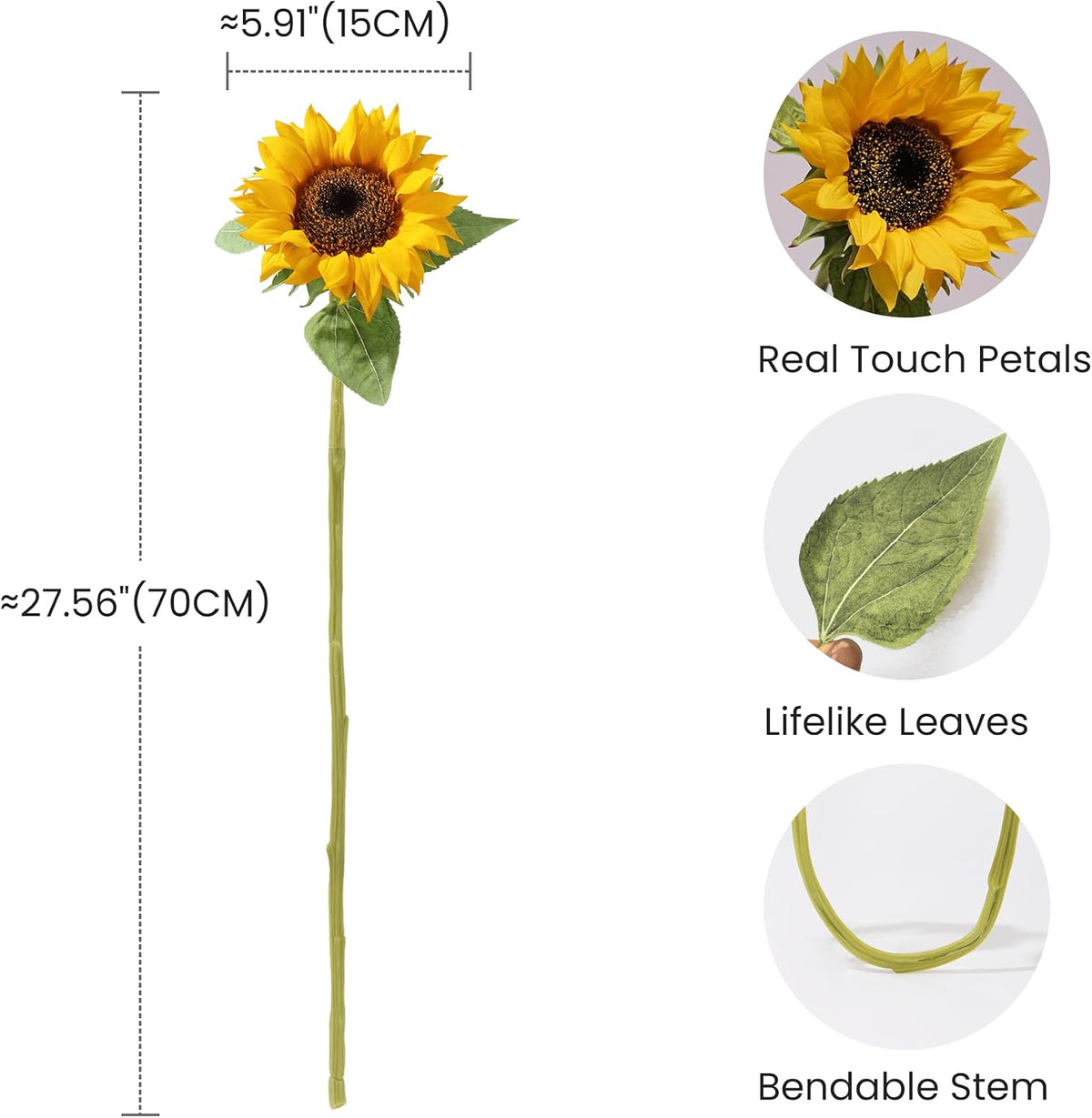 Real Touch Artificial Sunflowers, 4Pcs Faux Yellow Silk Sun Flowers