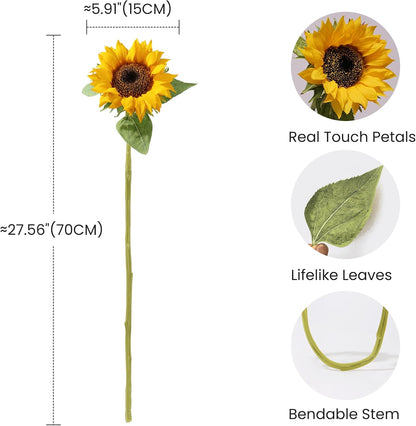 Real Touch Artificial Sunflowers, 4Pcs Faux Yellow Silk Sun Flowers