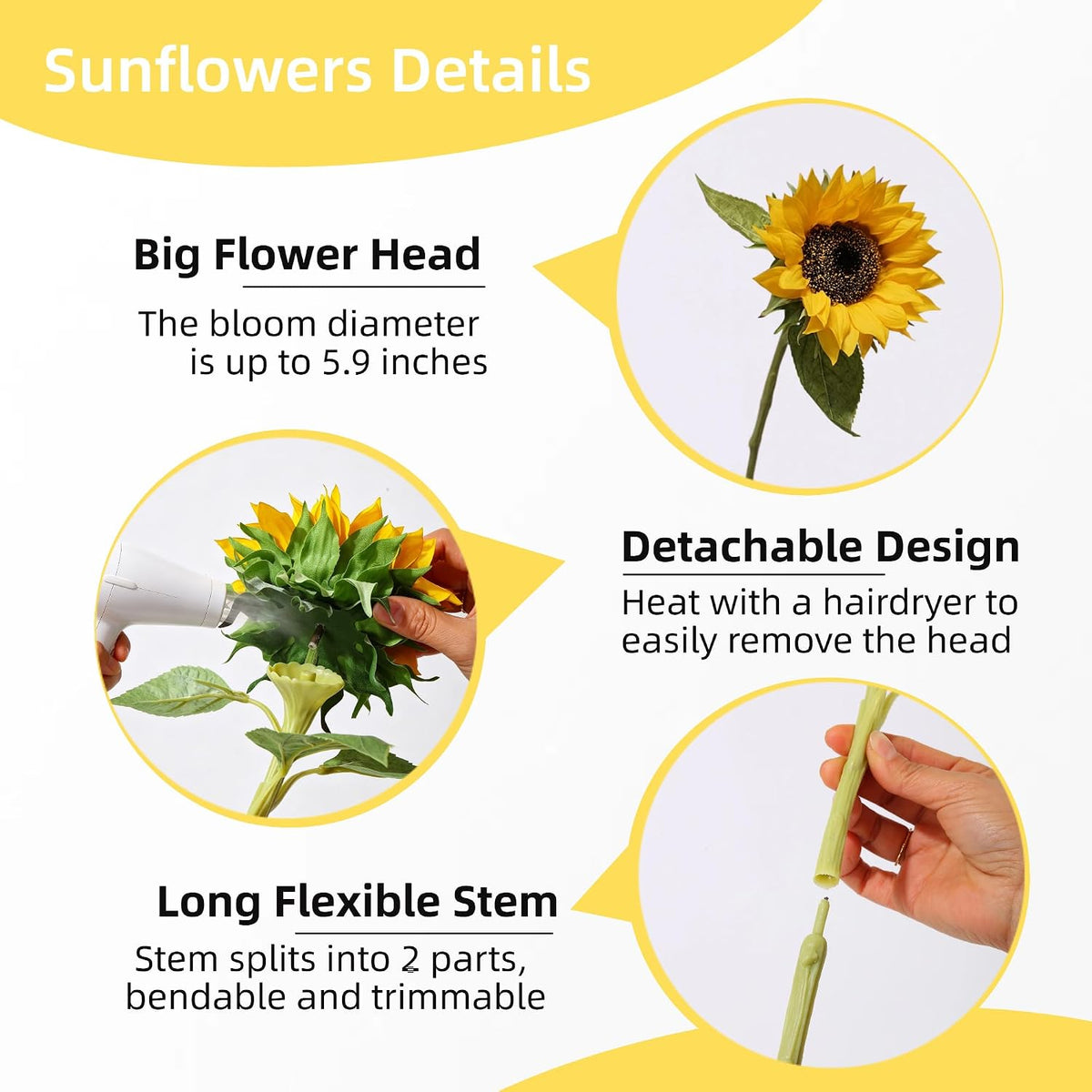 Real Touch Artificial Sunflowers, 4Pcs Faux Yellow Silk Sun Flowers