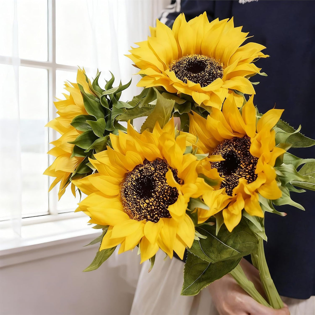 Real Touch Artificial Sunflowers, 4Pcs Faux Yellow Silk Sun Flowers