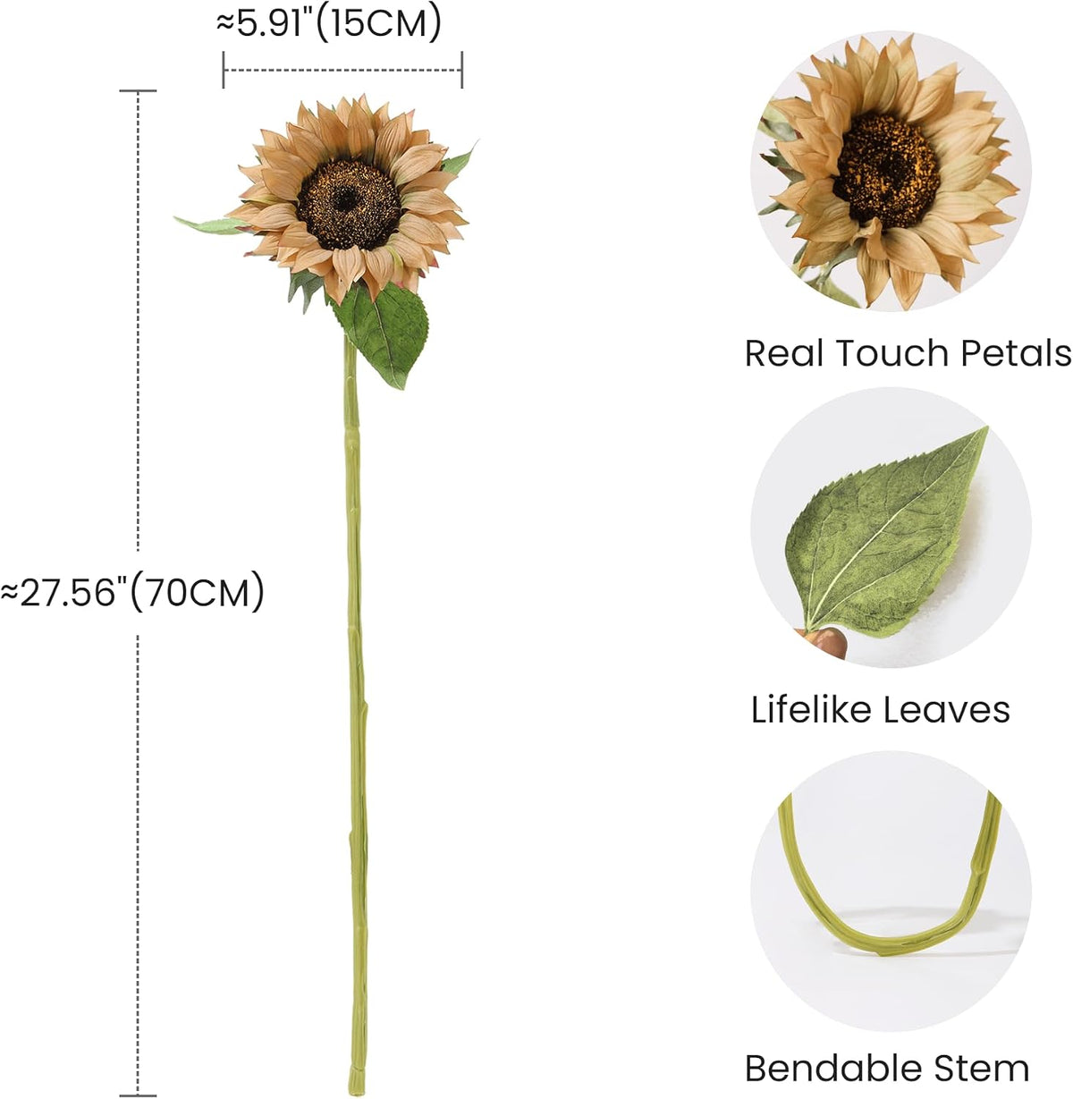 Real Touch Artificial Sunflowers, 4Pcs Faux Yellow Silk Sun Flowers