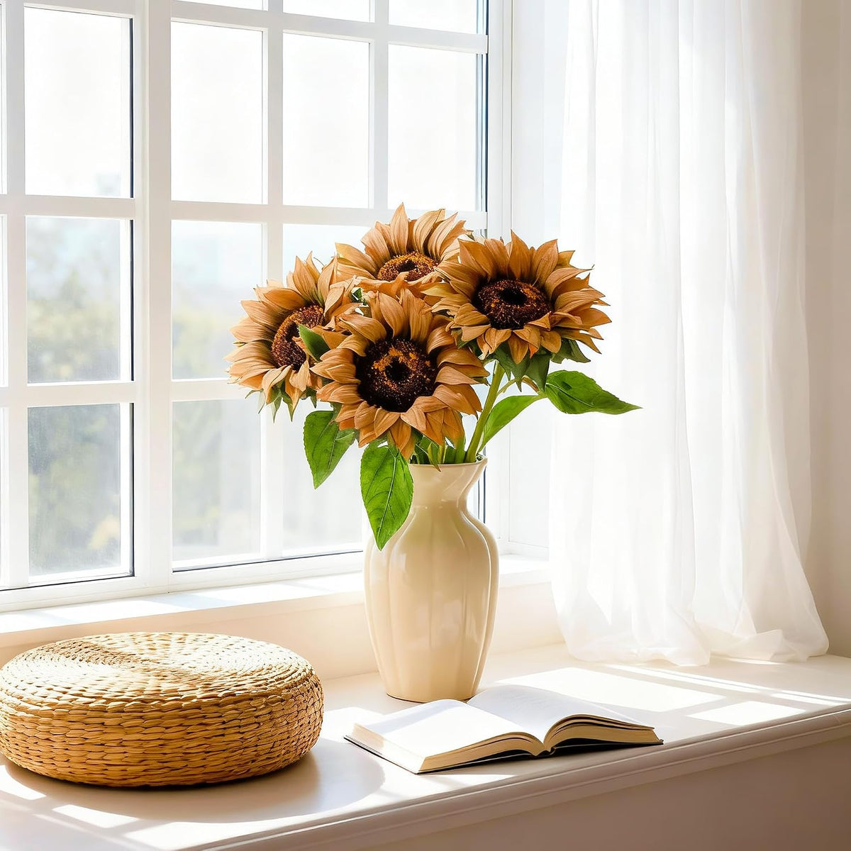 Real Touch Artificial Sunflowers, 4Pcs Faux Yellow Silk Sun Flowers