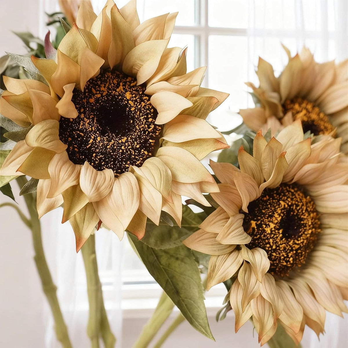 Real Touch Artificial Sunflowers, 4Pcs Faux Yellow Silk Sun Flowers