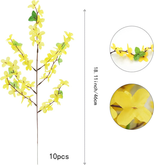10Pcs Artificial Silk Forsythia Flower Branches Yellow Silk Fake Winter Jasmine Orchids Flowers for DIY Floral Arrangement Wedding Party Home Office Indoor Outdoor Decorate