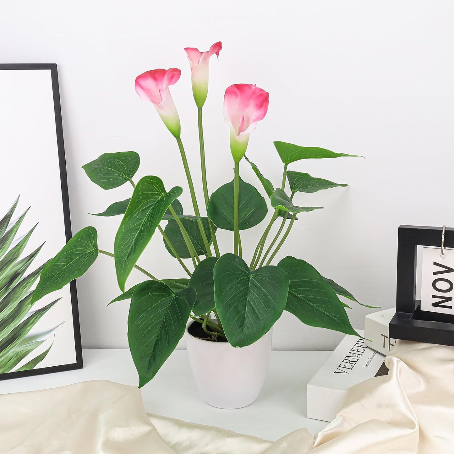 Artificial Flower Plants 16 Inch Pink Calla Lily Small Fake Potted | Faux Plant Indoor Peace Lily in pot Realistic Silk Flower Home Living Room Office Outdoor Bathroom Table Decor