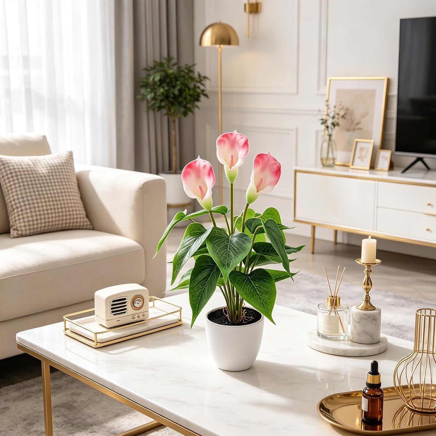 Artificial Flower Plants 16 Inch Pink Calla Lily Small Fake Potted | Faux Plant Indoor Peace Lily in pot Realistic Silk Flower Home Living Room Office Outdoor Bathroom Table Decor