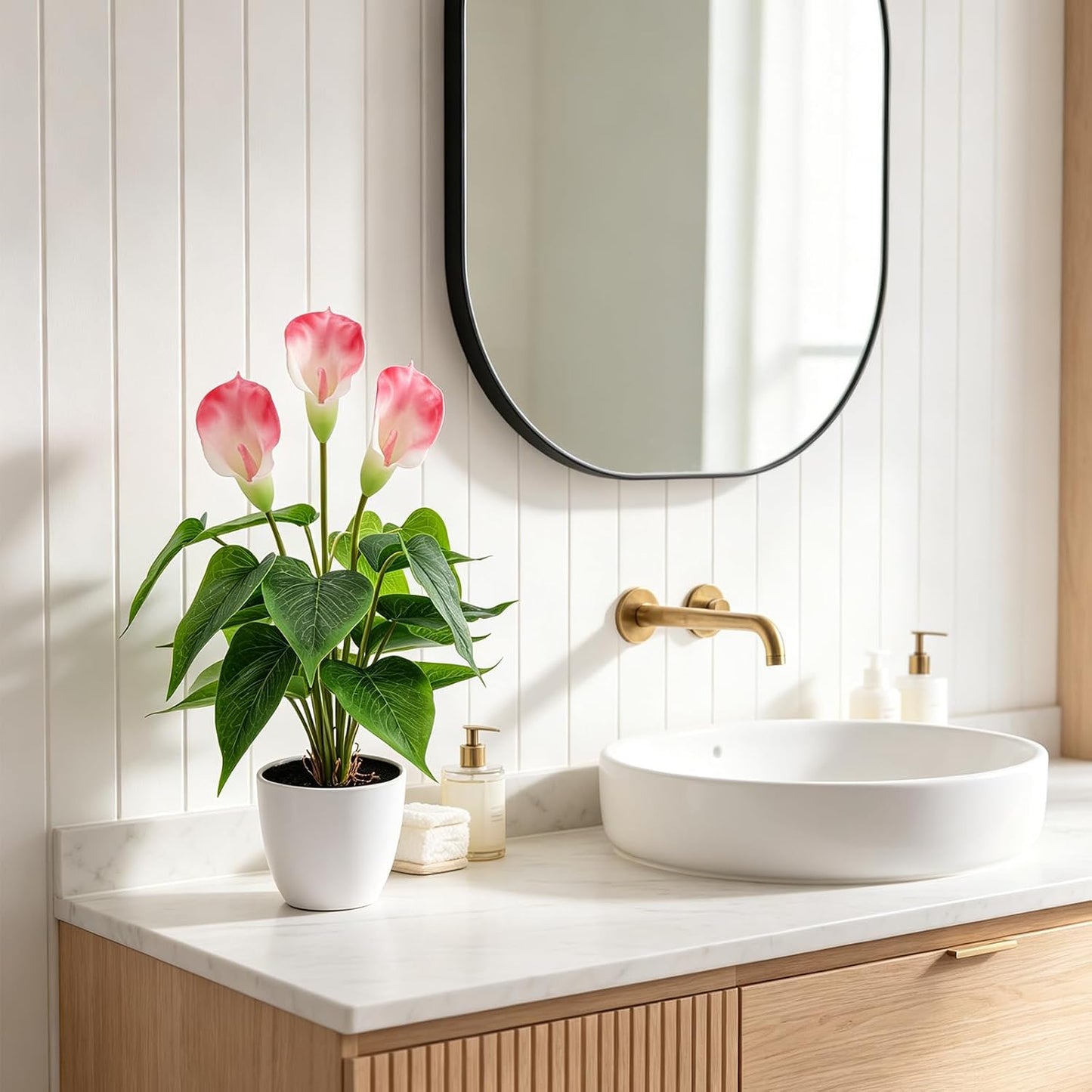 Artificial Flower Plants 16 Inch Pink Calla Lily Small Fake Potted | Faux Plant Indoor Peace Lily in pot Realistic Silk Flower Home Living Room Office Outdoor Bathroom Table Decor