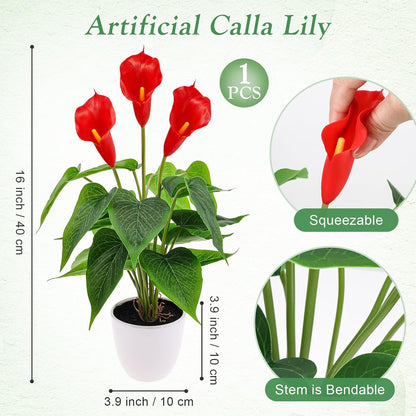 Artificial Flower Plants 16 Inch Pink Calla Lily Small Fake Potted | Faux Plant Indoor Peace Lily in pot Realistic Silk Flower Home Living Room Office Outdoor Bathroom Table Decor