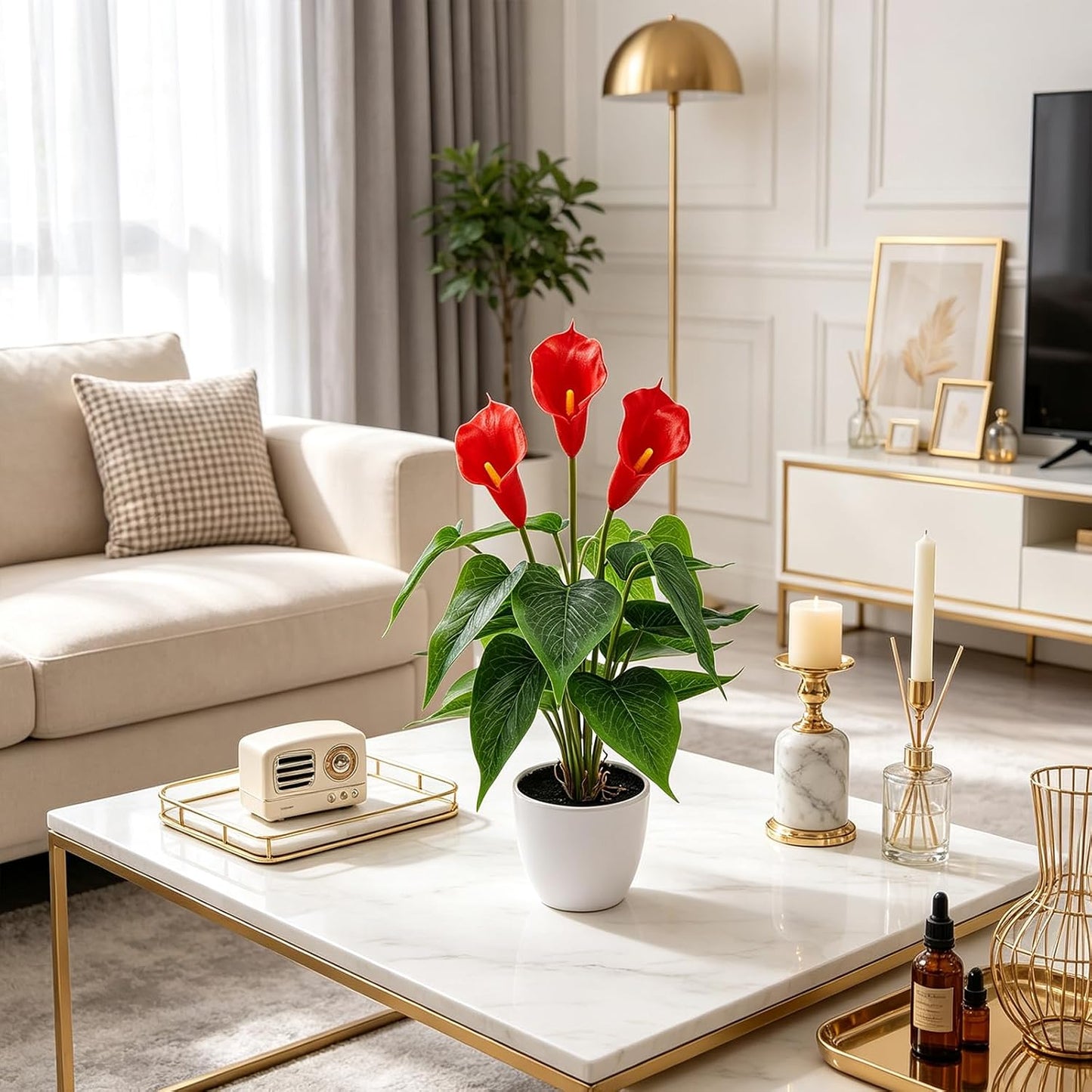 Artificial Flower Plants 16 Inch Pink Calla Lily Small Fake Potted | Faux Plant Indoor Peace Lily in pot Realistic Silk Flower Home Living Room Office Outdoor Bathroom Table Decor