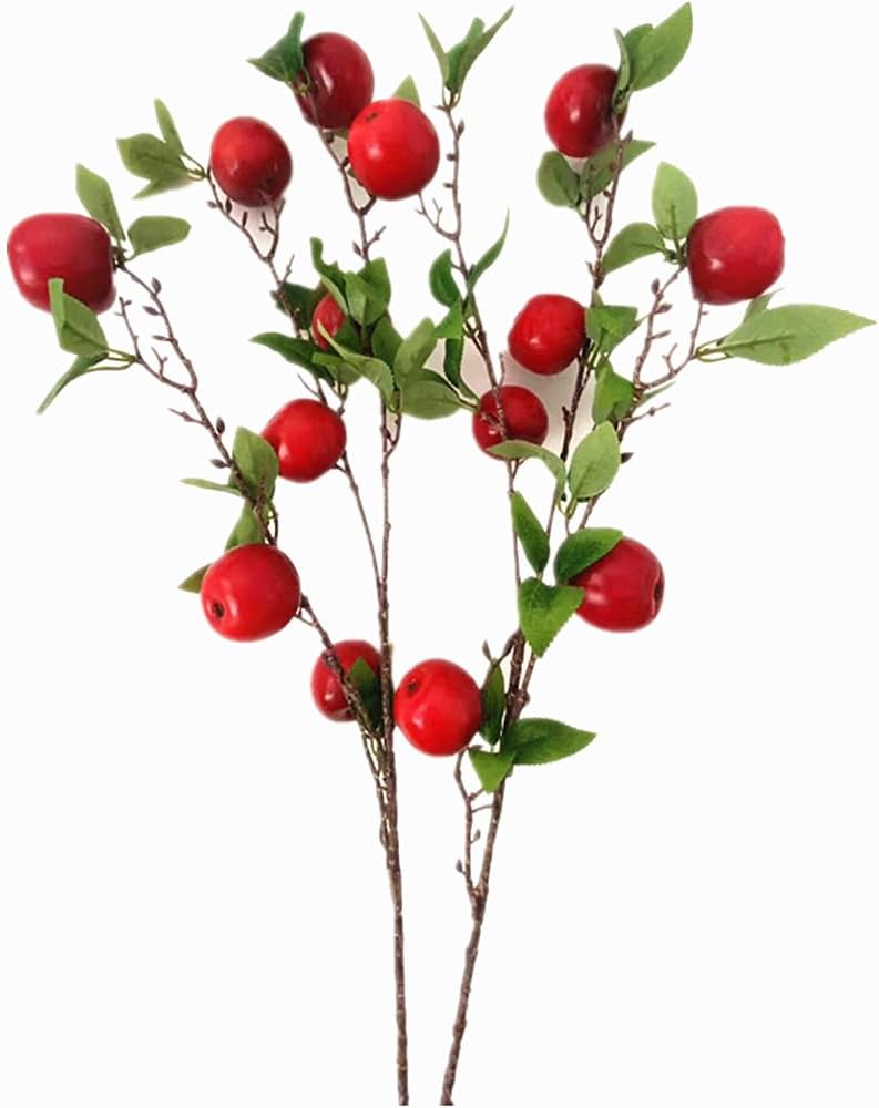 2pcs Artificial Apple Tree Branch with 7 Apple Fruit Faux Greenery Plant for Wedding Centerpieces Hotel Floral Decoration (Green)