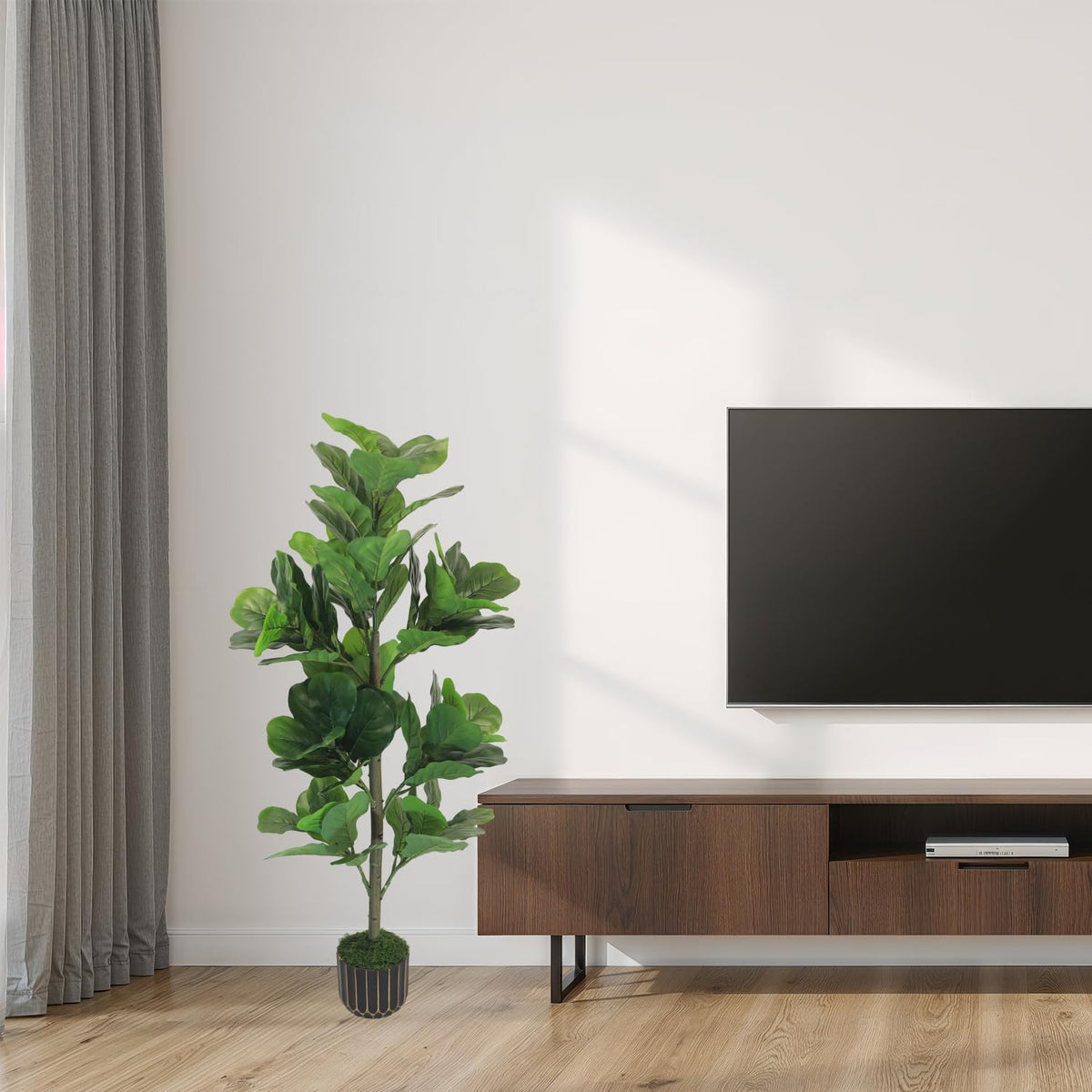 4FT Artificial Fiddle Leaf Fig Tree, Premium Fake Ficus Lyrata Plant in Decorative Black Planter for Indoor Home Office Decor, Housewarming Gift