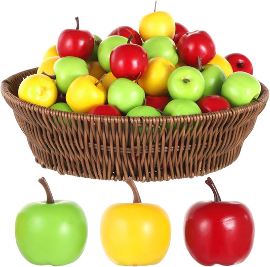 120 Pcs Mini Artificial Apples - 3 Colors Fake Apples with 1 Pcs Woven Basket, Realistic Faux Fruits, Lifelike Plastic Simulation Apples for Fall Harvest Home Decor, Fruit Photo Props