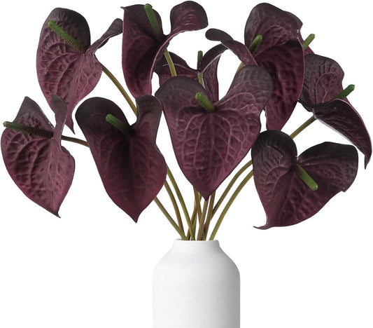 10pcs Burgundy Anthurium Artificial Flowers, 23.6" Burgundy Flowers Artificial Tropical Flowers Real Touch for DIY Wedding Bouquets Centerpieces Bridal Shower Party Home Decor