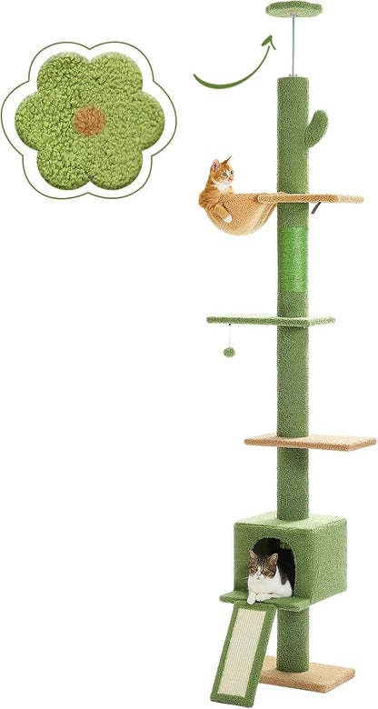 Floor to Ceiling Cat Tree, Cactus Cat Tower, Tall Cat Climbing Tree[87"-100"] Height Adjustable, 5 Levels with Top Perch and Replaceable Hammock for Indoor Cats, Cactus Green