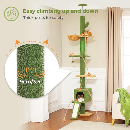 Floor to Ceiling Cat Tree, Cactus Cat Tower, Tall Cat Climbing Tree[87"-100"] Height Adjustable, 5 Levels with Top Perch and Replaceable Hammock for Indoor Cats, Cactus Green