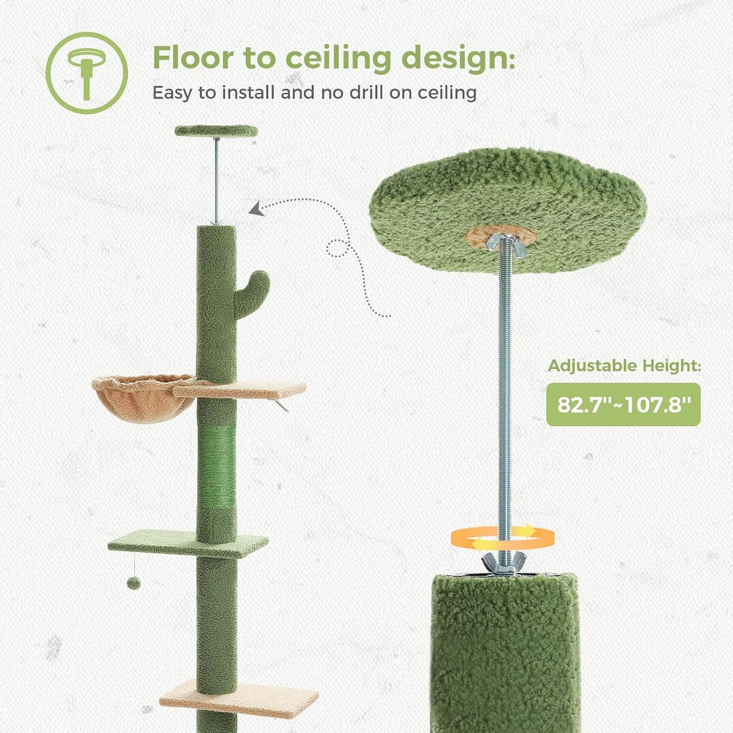 Floor to Ceiling Cat Tree, Cactus Cat Tower, Tall Cat Climbing Tree[87"-100"] Height Adjustable, 5 Levels with Top Perch and Replaceable Hammock for Indoor Cats, Cactus Green