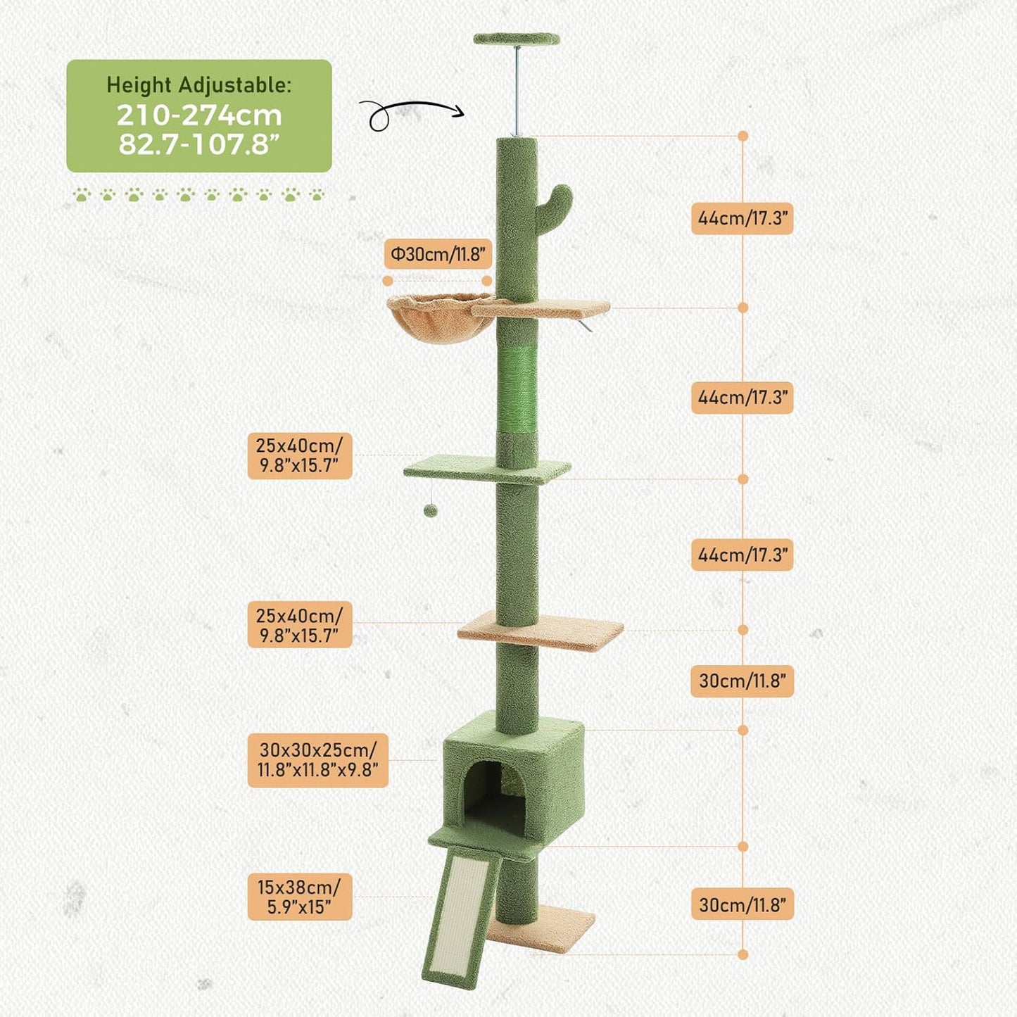 Floor to Ceiling Cat Tree, Cactus Cat Tower, Tall Cat Climbing Tree[87"-100"] Height Adjustable, 5 Levels with Top Perch and Replaceable Hammock for Indoor Cats, Cactus Green