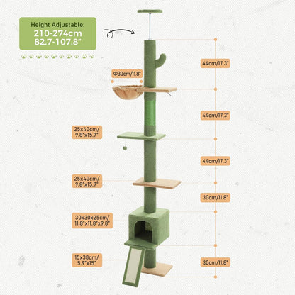 Floor to Ceiling Cat Tree, Cactus Cat Tower, Tall Cat Climbing Tree[87"-100"] Height Adjustable, 5 Levels with Top Perch and Replaceable Hammock for Indoor Cats, Cactus Green