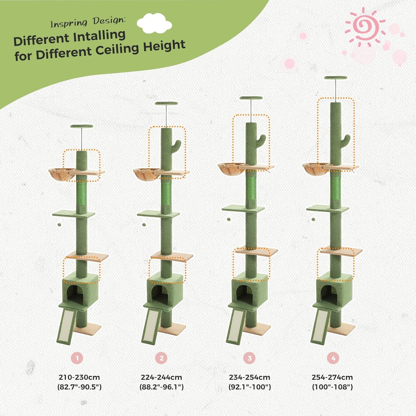 Floor to Ceiling Cat Tree, Cactus Cat Tower, Tall Cat Climbing Tree[87"-100"] Height Adjustable, 5 Levels with Top Perch and Replaceable Hammock for Indoor Cats, Cactus Green
