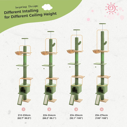Floor to Ceiling Cat Tree, Cactus Cat Tower, Tall Cat Climbing Tree[87"-100"] Height Adjustable, 5 Levels with Top Perch and Replaceable Hammock for Indoor Cats, Cactus Green
