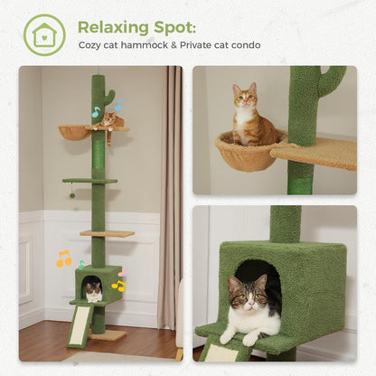 Floor to Ceiling Cat Tree, Cactus Cat Tower, Tall Cat Climbing Tree[87"-100"] Height Adjustable, 5 Levels with Top Perch and Replaceable Hammock for Indoor Cats, Cactus Green