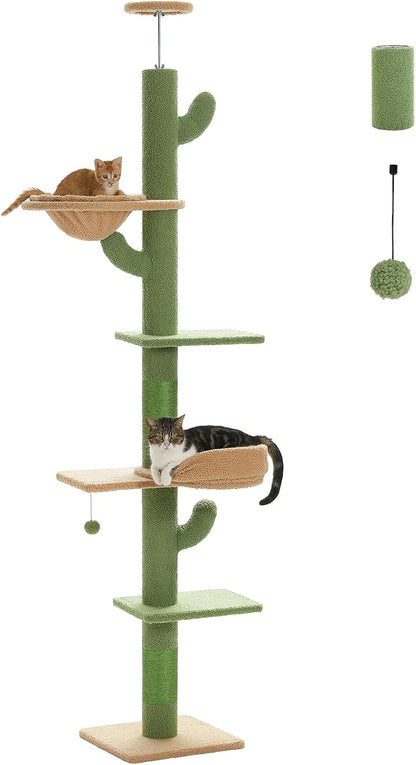 Floor to Ceiling Cat Tree, Cactus Cat Tower, Tall Cat Climbing Tree[87"-100"] Height Adjustable, 5 Levels with Top Perch and Replaceable Hammock for Indoor Cats, Cactus Green
