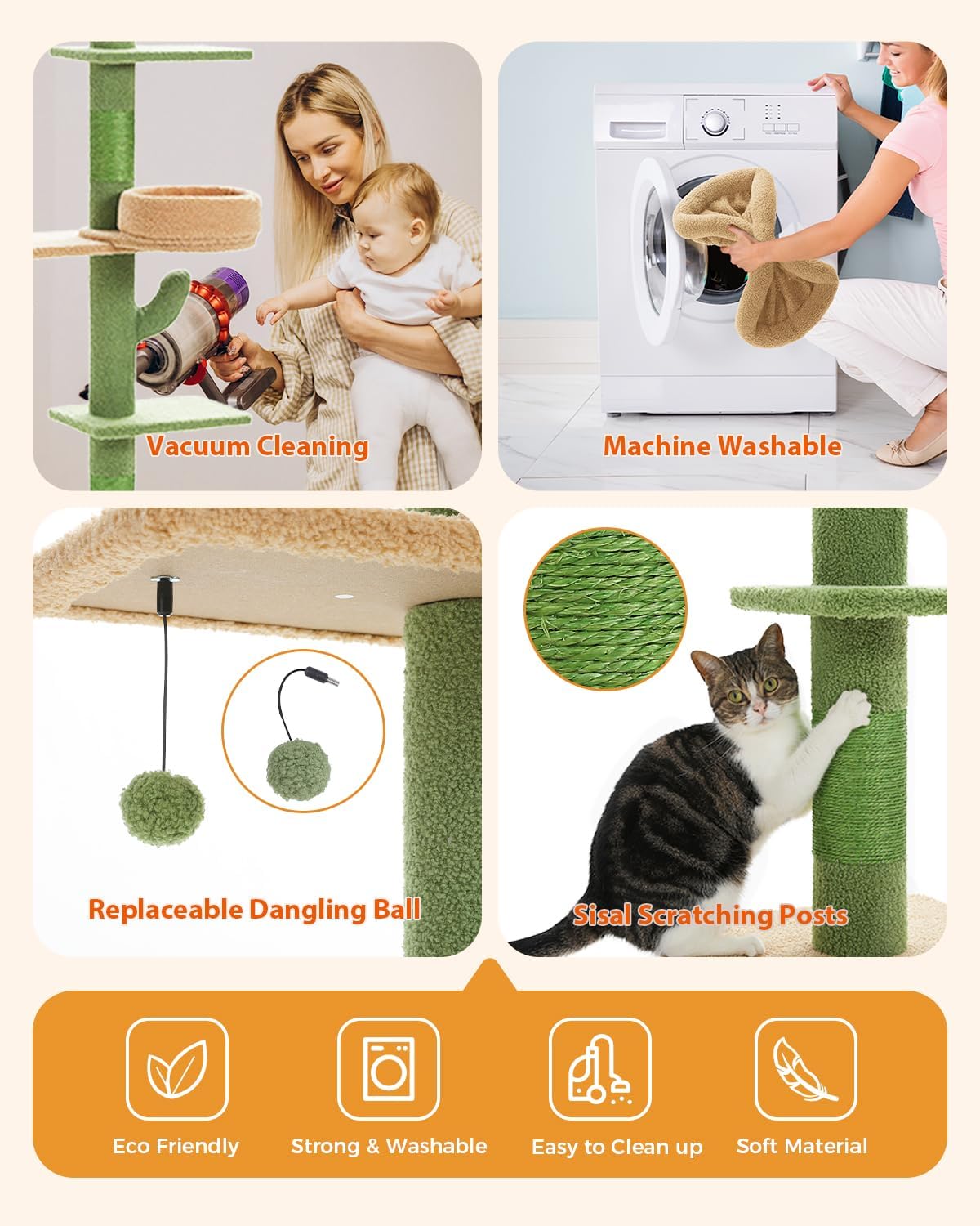 Floor to Ceiling Cat Tree, Cactus Cat Tower, Tall Cat Climbing Tree[87"-100"] Height Adjustable, 5 Levels with Top Perch and Replaceable Hammock for Indoor Cats, Cactus Green
