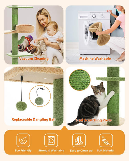 Floor to Ceiling Cat Tree, Cactus Cat Tower, Tall Cat Climbing Tree[87"-100"] Height Adjustable, 5 Levels with Top Perch and Replaceable Hammock for Indoor Cats, Cactus Green
