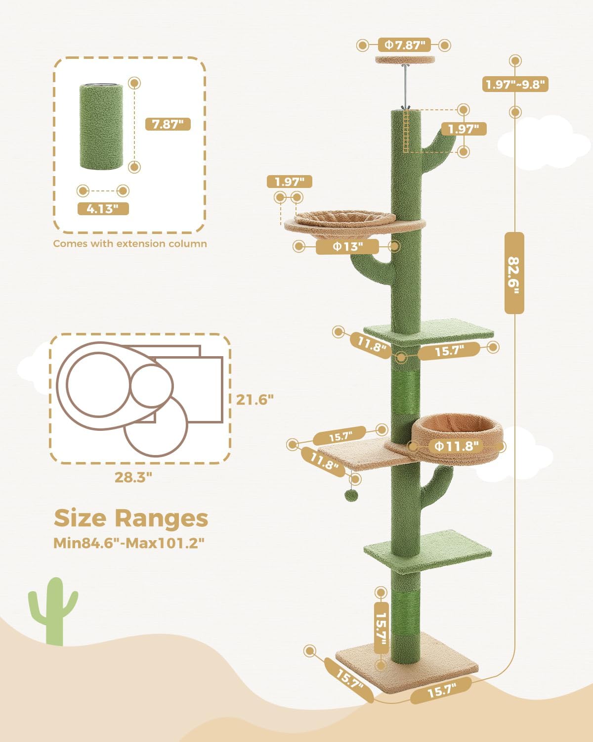 Floor to Ceiling Cat Tree, Cactus Cat Tower, Tall Cat Climbing Tree[87"-100"] Height Adjustable, 5 Levels with Top Perch and Replaceable Hammock for Indoor Cats, Cactus Green