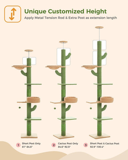 Floor to Ceiling Cat Tree, Cactus Cat Tower, Tall Cat Climbing Tree[87"-100"] Height Adjustable, 5 Levels with Top Perch and Replaceable Hammock for Indoor Cats, Cactus Green