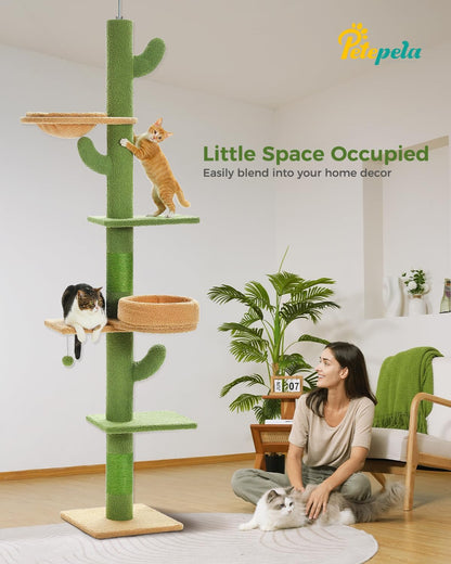 Floor to Ceiling Cat Tree, Cactus Cat Tower, Tall Cat Climbing Tree[87"-100"] Height Adjustable, 5 Levels with Top Perch and Replaceable Hammock for Indoor Cats, Cactus Green