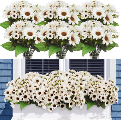 24 Bundles Yellow Sunflower Faux Mums for Outdoor Artificial Flower with Stems Bouquet Fake Plants Bulk UV Resistant Plastic No Fade Wedding Fall Garden Home Window Decor