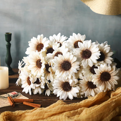 24 Bundles Yellow Sunflower Faux Mums for Outdoor Artificial Flower with Stems Bouquet Fake Plants Bulk UV Resistant Plastic No Fade Wedding Fall Garden Home Window Decor