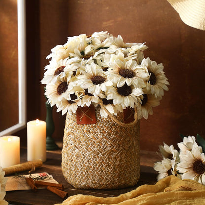 24 Bundles Yellow Sunflower Faux Mums for Outdoor Artificial Flower with Stems Bouquet Fake Plants Bulk UV Resistant Plastic No Fade Wedding Fall Garden Home Window Decor