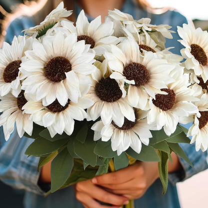 24 Bundles Yellow Sunflower Faux Mums for Outdoor Artificial Flower with Stems Bouquet Fake Plants Bulk UV Resistant Plastic No Fade Wedding Fall Garden Home Window Decor