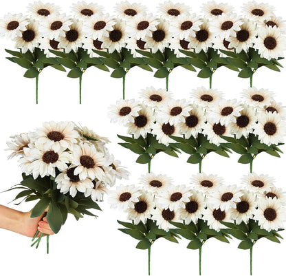 24 Bundles Yellow Sunflower Faux Mums for Outdoor Artificial Flower with Stems Bouquet Fake Plants Bulk UV Resistant Plastic No Fade Wedding Fall Garden Home Window Decor