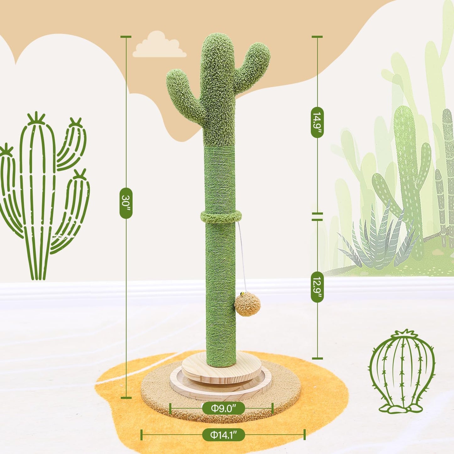 Globlzer 30in Cactus Cat Scratching Post for Indoor Cats, SC30, Green | Stable Cat Scratcher for Kitten Adult Cats, Durable Sisal Rope, Interactive Solid Wood Ball Game, Dangling Ball Toy