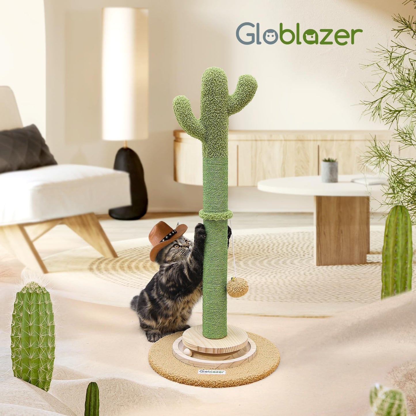 Globlzer 30in Cactus Cat Scratching Post for Indoor Cats, SC30, Green | Stable Cat Scratcher for Kitten Adult Cats, Durable Sisal Rope, Interactive Solid Wood Ball Game, Dangling Ball Toy
